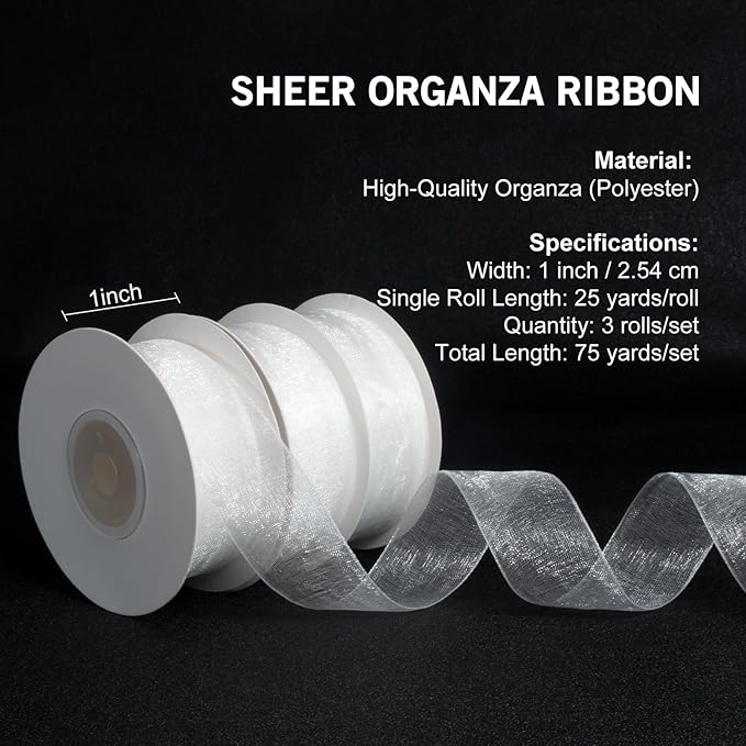 White Organza Ribbon - 1 Inch x 75 Yds Clear White Chiffon Tulle for Gift Wrapping, Christmas, Weddings & Crafts