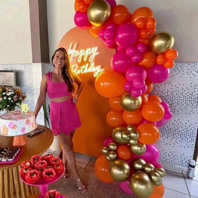 HILAVO Pink and Orange Balloons 12 Inch Pastel Hot Pink Orange Latex Balloon with Gold Confetti Helium Party Balloons for Tropical Fall Birthday Halloween Baby Shower Thanksgiving Decoration