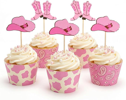 60 Pieces Cowboy or Cowgirl Hat and Boot Cupcake Toppers Western Birthday Cake Decorations Rodeo Cupcake Picks Baby Shower Toothpicks for Western Theme Party Favors Supplies (Pink)