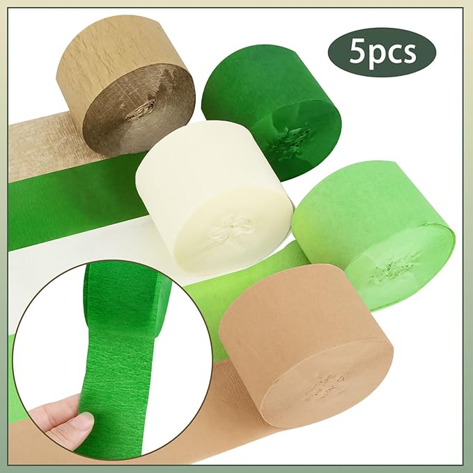 5 Rolls Green & Gold Crepe Paper Streamers, Crepe Paper Craft for Wedding Baby Shower Birthday Bridal Party Engagement Decorations Supplies