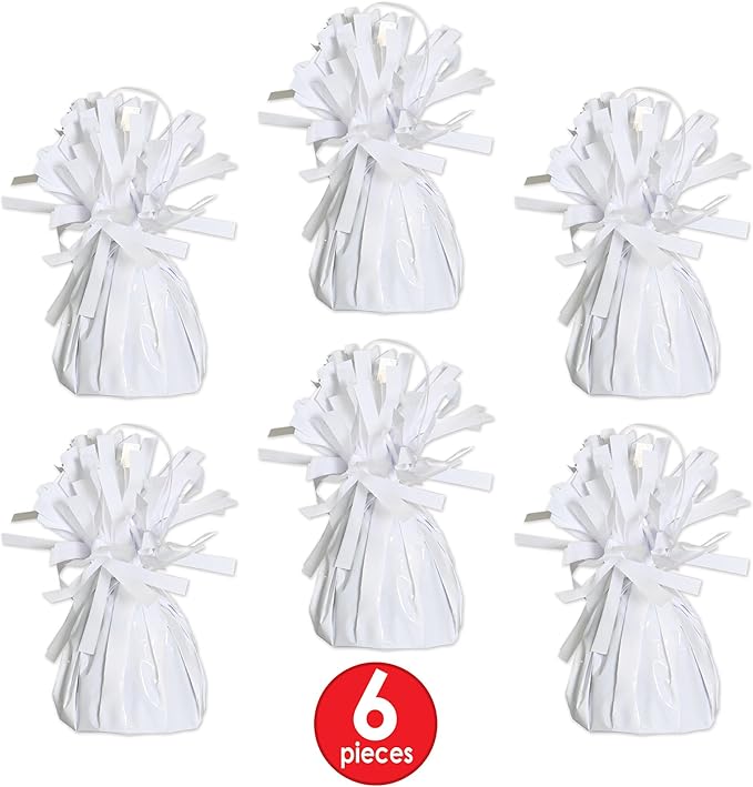 Beistle White Metallic Plastic Wrapped Balloon Weights For Birthday Parties, Weddings, Anniversaries, Table Décor, Celebrating With You Since 1900, 5.5" x 2.5", 6 Piece