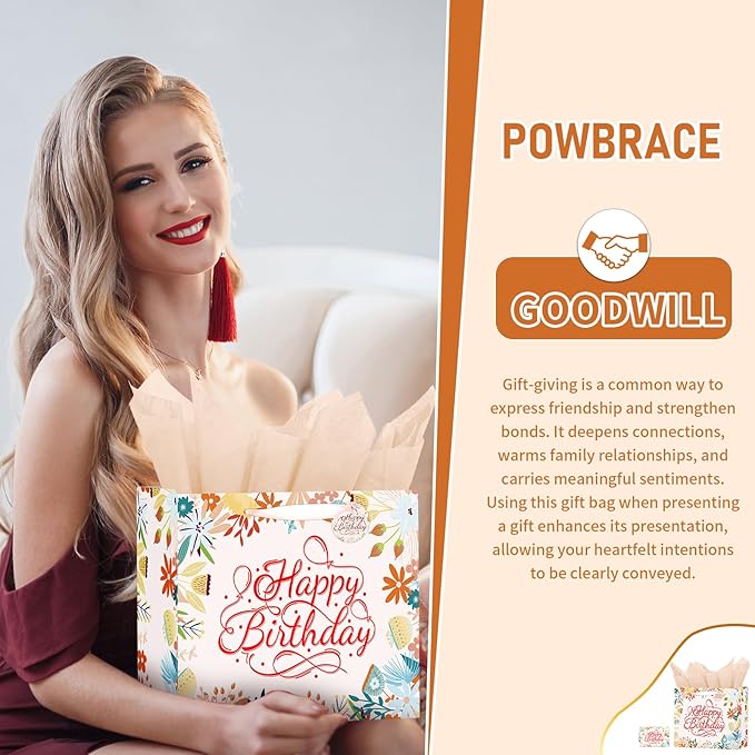 Powbrace 13" White Happy Birthday Gift Bag with Tissue Paper and Greeting Card for Patry, Happy Birthday Gift Bag for Women, Gift Bags Medium size(1 PCS Flower Gifts Bag)