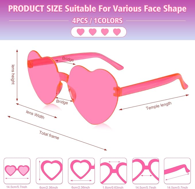 NACHLYNN 4 Pairs Rose Red Heart Sunglasses for Women Rimless Heart Shaped Sunglasses Candy Glasses for Party Favors