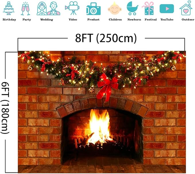 Mocsicka Christmas Fireplace Photography Backdrop Red Brick Fireplace Background for Xmas Eve Home Decor Xmas Family Party Selfie Photo Props (8x6ft)