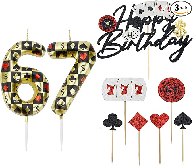 Casino Birthday Number Candles for Cake, Poker Birthday Candles for Casino Themed Birthday Party Decoration, Glitter Casino Birthday Cake Topper for Casino Night Theme Birthday Cake(Number 67 & 76)