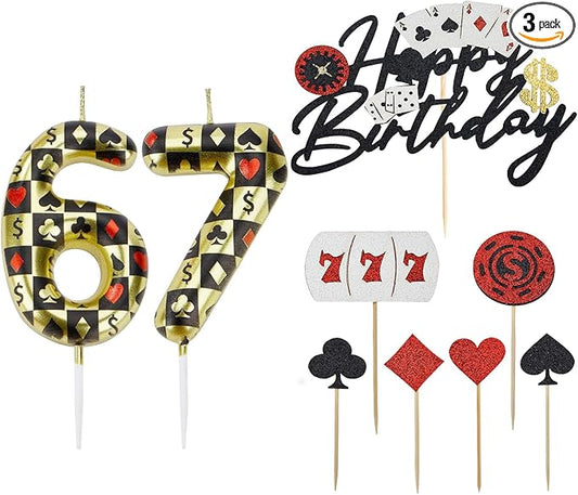 Casino Birthday Number Candles for Cake, Poker Birthday Candles for Casino Themed Birthday Party Decoration, Glitter Casino Birthday Cake Topper for Casino Night Theme Birthday Cake(Number 67 & 76)