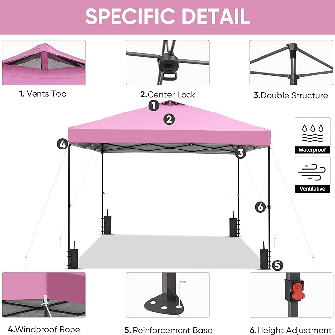 GDY 10x10 Pop Up Canopy Patio Carpas, One Push Set up with Central Lock Canopy with Hand Carry Bag, Included 4 Sandbaogs,8 Stakes and 4 Ropes, Pink