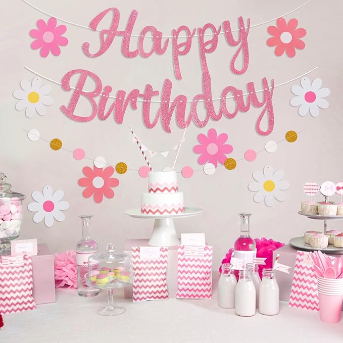 Pre-Strung Happy Birthday Banner, NO DIY Birthday Decorations with Circle Dot Garland and Flowers, Happy Birthday Party Decorations for Women Girls (Pink)