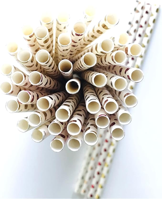 100 pcs Mixed Glitter Colorful Party Paper Straws, Metallic Rose Gold Golden Silver Red Foil Heart Drinking Straws, Valentine Anniversary Wedding Valentine's Day Cake Pop Sticks (Metallic Heart)