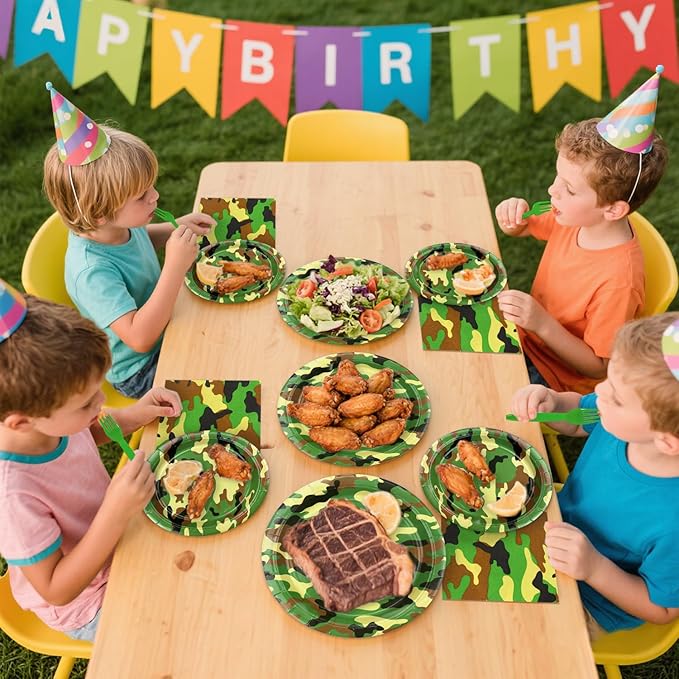Camo Party Supplies - Army Party Tableware - Dinner Plates, Dessert Plates, Napkins, Forks for Boy Camouflages Hunting Military Party Supplies, Serves 25