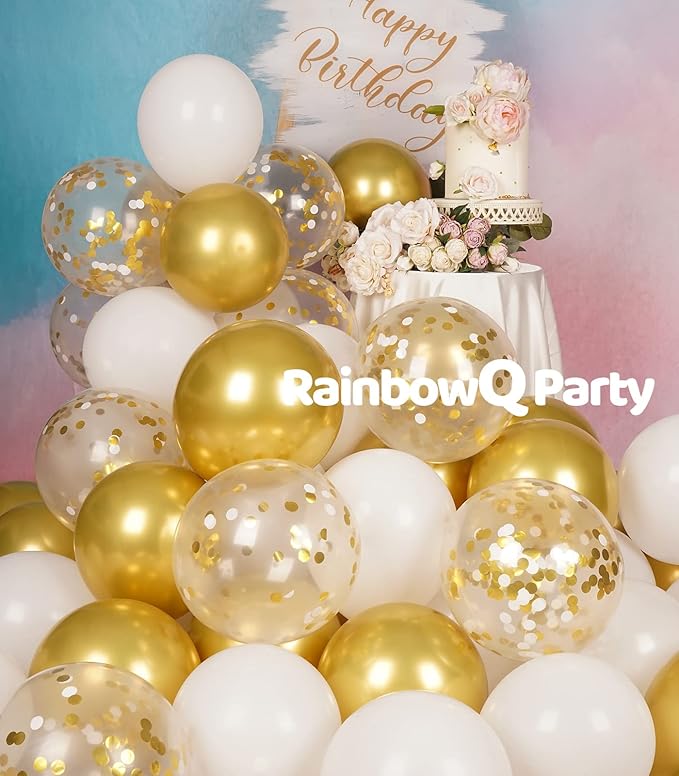 Metallic Shiny Gold and White Balloons 12 Inch 67PCS White Gold Confetti Balloons Latex Helium Balloon Set for Graduation Anniversary Wedding Birthday Party Decorations
