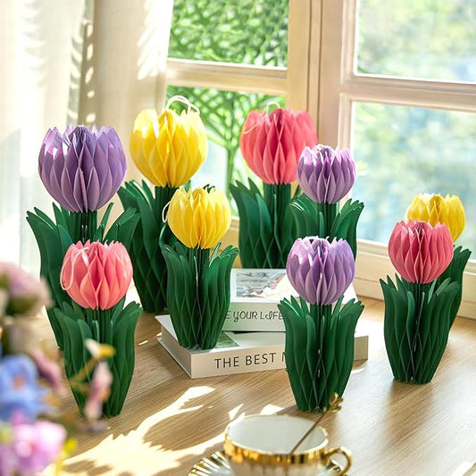 SUNBEAUTY Flower Honeycomb Decor Tulips Table Centerpieces Spring Decoration for Home Office Paper Flower Tulip Honeycomb Decor for Garden Party Mothers Day Decoration Easter Party Birthday Tea Party