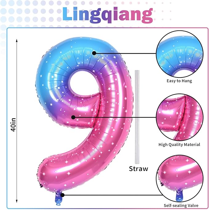 40 Inch Rainbow Gradient Balloon Number 9 Beige, Large Blue Pink Purple Foil Number Balloons Set 0-9, Starry Digital 9 Helium Balloons for Girls Women 9th Birthday Anniversary Party Decoration