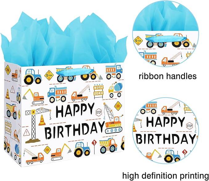 Laidans 13" Large Happy Birthday Gift Bag for Baby Boy Kids with Tissue Paper and Card (Construction Vehicle)