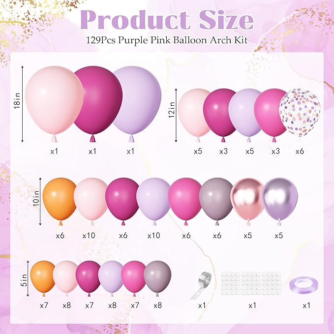 Ouddy Party Pink Purple Balloons Garland Arch Kit, Different Sizes 18 12 10 5 Inch Hot Pink Lilac Lavender Orange Magenta Latex Confetti Balloon for Wildflower Birthday Baby Shower Party Decorations