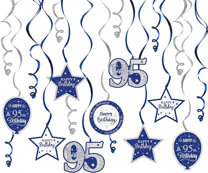 Happy 95th Birthday Blue & Silver Glitter Swirls Streamers Party Decorations - 15 Pcs 95th Birthday Hanging Swirls Streamers Kit,Perfect for 95th Bday Party Sign.