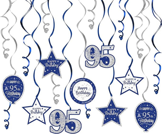 Happy 95th Birthday Blue & Silver Glitter Swirls Streamers Party Decorations - 15 Pcs 95th Birthday Hanging Swirls Streamers Kit,Perfect for 95th Bday Party Sign.
