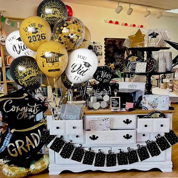 50 Pack Graduation Party Decorations Balloons Set - 12 Inch Graduation Balloons 2026 Black Gold Grad Balloon for Grad Party Decoration Supplies
