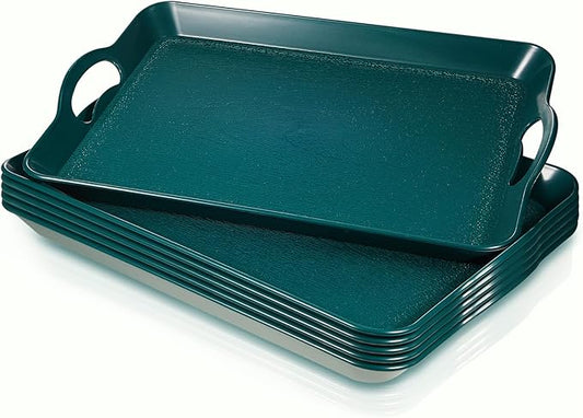 Kathfly 6 Pcs Green Serving Trays with Handles Trays for Eating 16 x 11 Inch Multi Purpose Plastic Tray Rectangular Anti Skid Decorative Food Tray for Restaurant Breakfast Countertop Party Kitchen