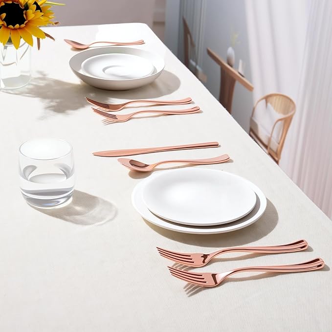 144 Pack Rose Gold Premium Heavy Duty Plastic Silverware, 48 Forks, 48 Knives, 48 Spoons, Perfect for Valentine's Day, Parties, Dinners, Weddings, BPA-Free, Disposable Plastic Cutlery Set Utensils Set