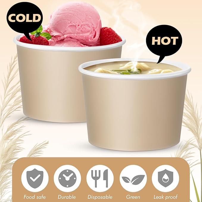 Jingmore Paper Ice Cream Cups 9oz Colored Disposable Dessert Bowls for Hot or Cold Party Food Cups for Birthday Baby Shower Easter Party Supplies(Brown,60 Pcs)