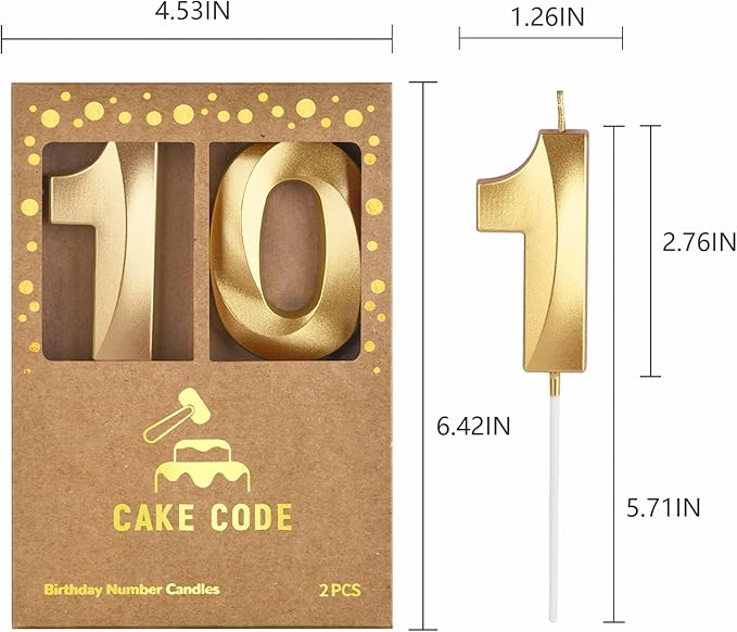 2.76 Inch Diamond Gold 10 Number Birthday Candles, Gold and Cake Number Candles for Party Celebration