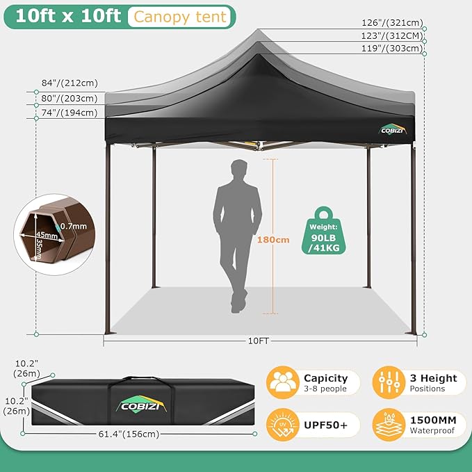 COBIZI 10x10 Pop Up Heavy Duty Canopy with 4 Sidewalls and Hexagonal Legs, Easy up Tent for Events, Parties, Camping, Outdoor Canopy with Portable Bag, Waterproof & UPF50+ (Black)