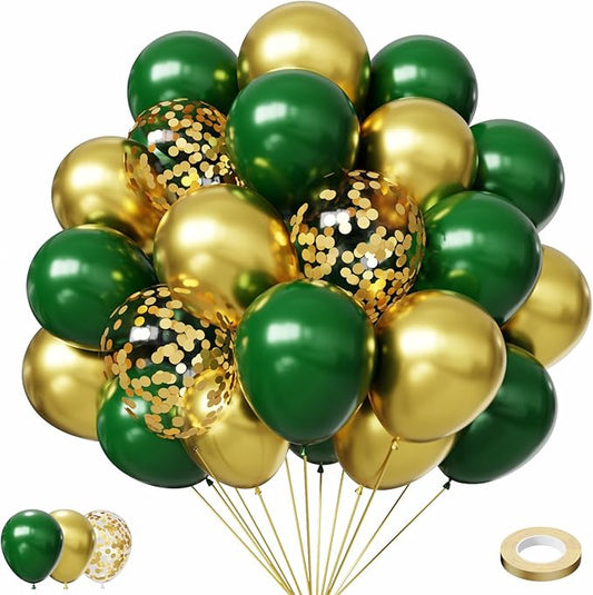 Green and Gold Balloons, 50Pcs Dark Green Balloons, Metallic Gold Balloon for Birthday, Graduation, St. Patrick's Day, Jungle Party Decorations