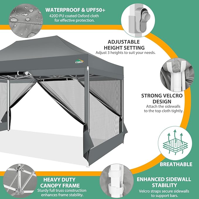 COBIZI 10x15 Heavy Duty Pop up Canopy with 4 Sidewalls, Canopy Tent with Mosquito Netting, Easy up Screen Party Tents for Parties Wedding Patio Backyard Commercial Gazebo with Handbag, Gray