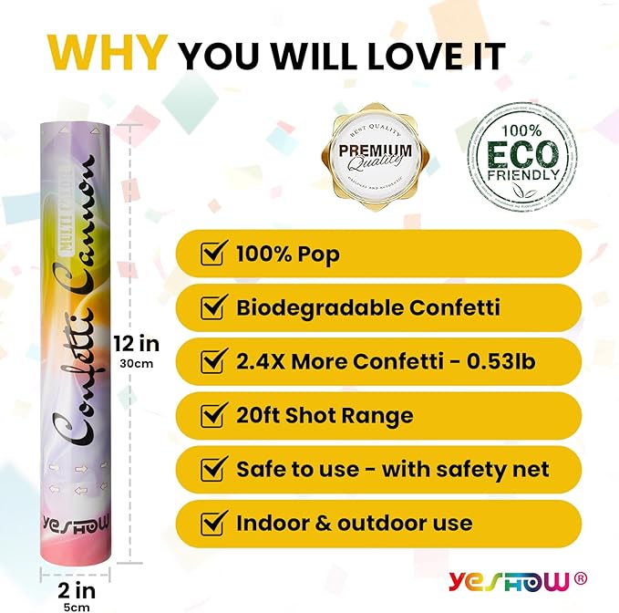 Confetti Cannon Party Poppers Biodegradable Shooters, (6 Pack) YESHOW Multicolor Confetti Blaster for Birthday Graduation Wedding Christmas New Year’s Eve Valentine's Day