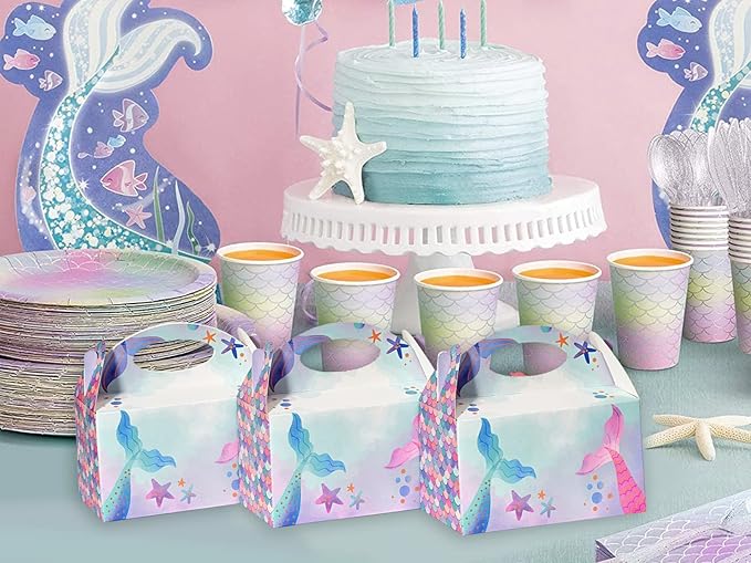 12 Pcs Small Party Treat Boxes, 6 Inch Candy Cookie Goodie Gift Bags Gable Box for Kids Birthday Party, Mermaid