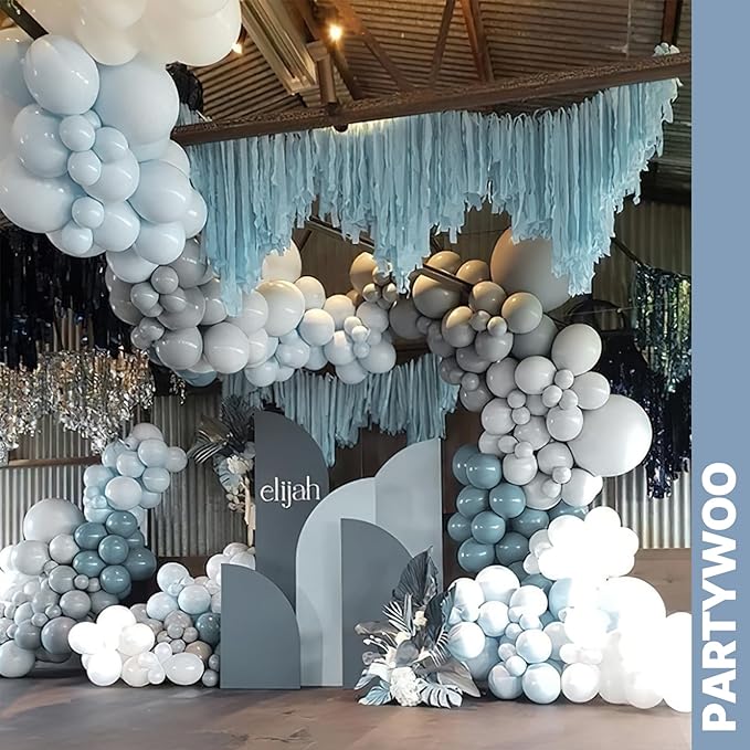 PartyWoo Dusty Blue Balloons 66pcs 12 Inch Light Baby Slate Blue Off White Sand Metallic Gold Boho Confetti Balloons for Graduation Boy Baby Shower Gender Reveal Birthday Wedding Party Decorations