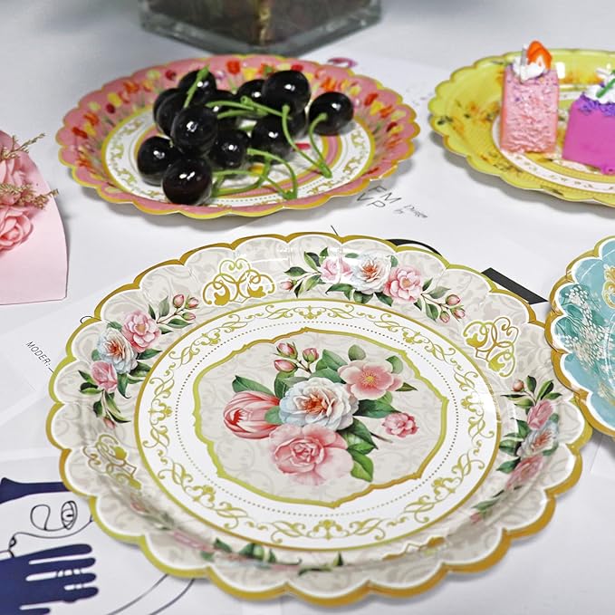 48-Pack Floral Paper Plates, Tea Party Plates, 7 Inch Disposable Floral Plates Decorations for Tea Party, Mothers Day, Bridal Shower, Birthday, Wedding and Baby Shower