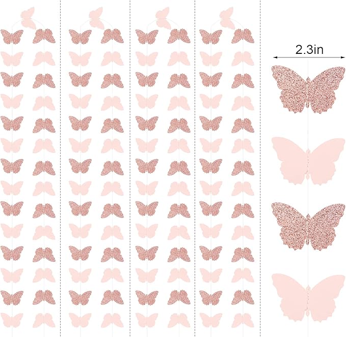 40 Feet Rose Gold Birthday Banner Streamers Butterfly Garland Paper Banner Hanging Party Supplies,Spring Hanging Butterfly Party Banner Mother Day Butterfly Hanging Decorations Wedding Baby Shower