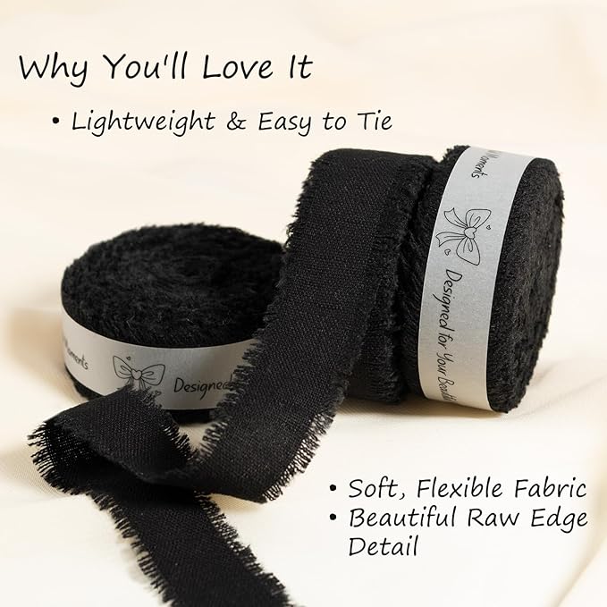 Black Cotton Ribbon 5/8 Inch Black 3 Rolls 21 Yards Frayed Edge Fabric Set for Wedding Decor, Graduation Party, Gift Wrapping, Gothic Party & Halloween Decor