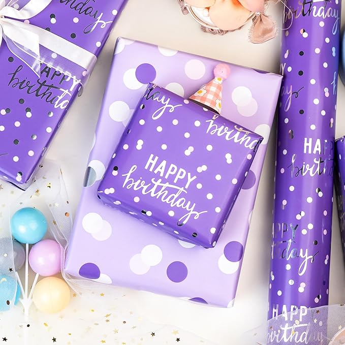 MAYPLUSS Birthday Wrapping Paper Roll - 17 Inch X 16.5 Feet - Purple Glitter Happy Birthday Lettering Metallic Foil Paper Girl Gift Wrap w/Polka Dot for Party