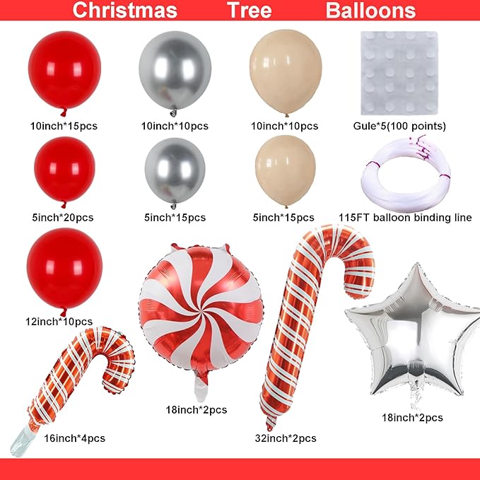 Christmas Balloon Arch Kit - Christmas Tree Garland Xmas Red Silver Beige and Candy Foil Silver Star Balloons for Christmas Party Decorations Birthday Party New Year Party