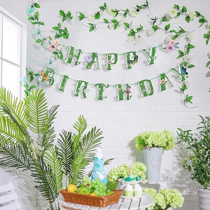 SUNBEAUTY Wildflower Happy Birthday Banner Green Spring Butterfly Flowers Party Banner Floral Birthday Decoration Spring Butterfly Birthday for Women Girl Baby Shower Garden Tea Fairy Party Supplies | Pre-Strung