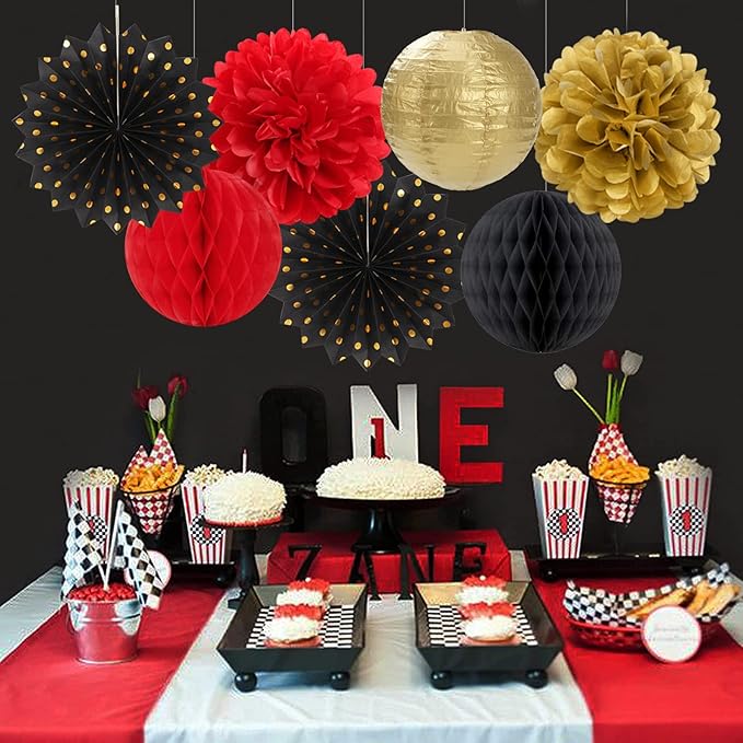 Red-Black Gold Party Decorations Streamers Lanterns - 14pcs Casino-Theme Graduation 2026 Paper Fan,Game Night Wedding Birthday Baby Bridal Shower Tissue Pom Poms,Honeycomb Balls Decor Ouruola