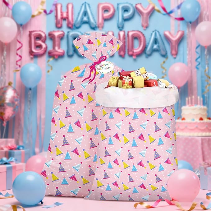 WRAPAHOLIC 56" Extra Large Birthday Plastic Gift Bag - Pink Party Hat Jumbo Bike Bag Gift Wrap for Women Girls Birthday, Baby Shower, Wedding, Bridal Shower - 56" H x 36" W