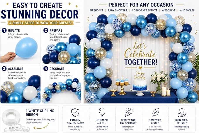 Metallic Blue Balloons 12 Inch – 60 Pack Blue & Gold Balloon Kit with Confetti, Light Blue, Dark Blue & Chrome Blue for Corporate Event Decor, Birthday, Baby Shower & Party Decorations