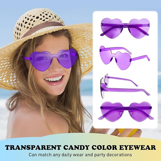 Matcheck 16 Heart Shaped Rimless Sunglasses Transparent Candy Colored Glasses Frameless Party Eyewear for Women