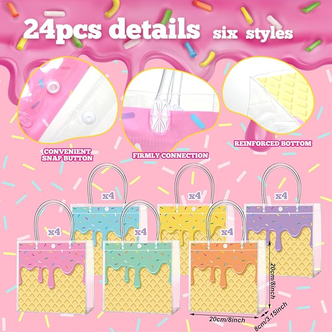 Aliceset 24 Pcs Gift Bags with Handle Clear PVC Candy Treat Goodies Tote Bags for Summer Birthday Party Favor Supplies