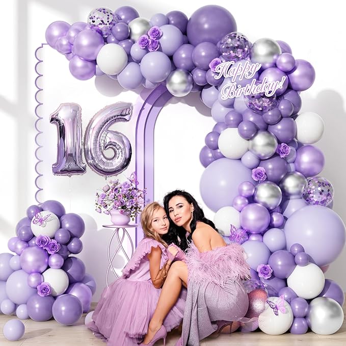 Purple Balloons Garland Arch Kit, 126pcs Lavender Party Decorations with Metallic Silver Purple Confetti Balloons for Butterfly Birthday Wedding Baby Shower Party Decorations