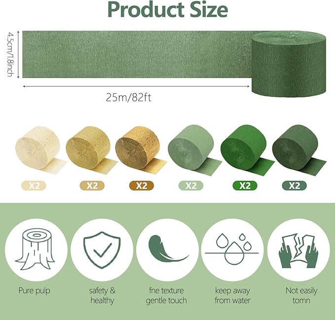Camp Bachelorette Decorations, 12 Rolls Sage Green & Gold Crepe Paper Streamers for Green Boho Birthday Engagement Wedding Bridal/Baby Shower, Dinosaur Jungle Woodland Party
