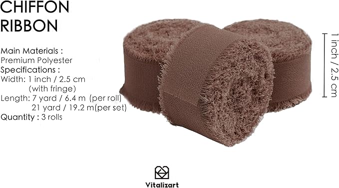 Vitalizart Brown Chiffon Silk Ribbon 1" x 21 Yd Fringe Fabric Package (3 Rolls * 7 Yd) for Wedding Invitations Bridal Bouquets Decorations Gifts Wrapping & Bow Making