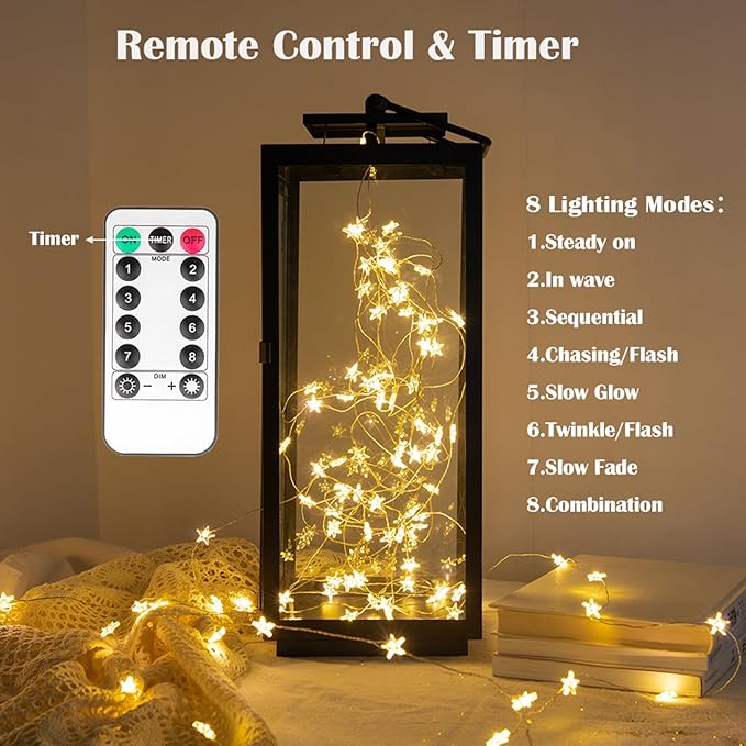 Star String Lights Plug in,40FT 120 LEDs Star Fairy Lights,Waterproof Starry Light with 8 Modes Remote for Outdoor Indoor Christmas Wedding Garden Ramadan Decor,Silver Wire,Warm White