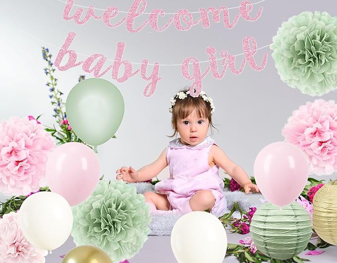 Baby Girl Decorations for Shower in Sage Pink Balloons with Welcome Banner and Paper lantern Tissue Pom Poms Kit (Pastel Sage green + Pink)
