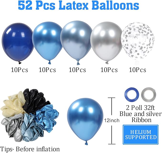Patimate Blue Silver Balloons Set, 50 pcs 12 inch Metallic Navy Royal Blue Silver Confetti Latex Balloons Kit for Boy Men Birthday Retirement Baby Shower Graduation Party Decorations