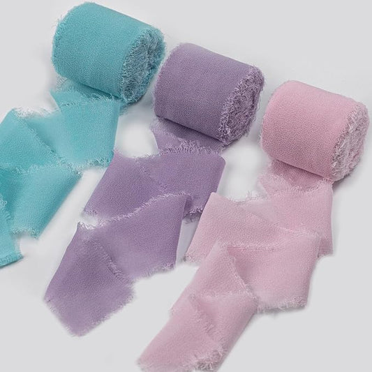 Chiffon Ribbon, Pink Purple Teal Silk Mermaid Ribbon, Mermaid Party Decoration, 1-1/2''x21Yd Handmade Frayed Fringe Ribbon for Gift Wrapping, Floral Vase, Craft, Birthday Party, 3 Rolls